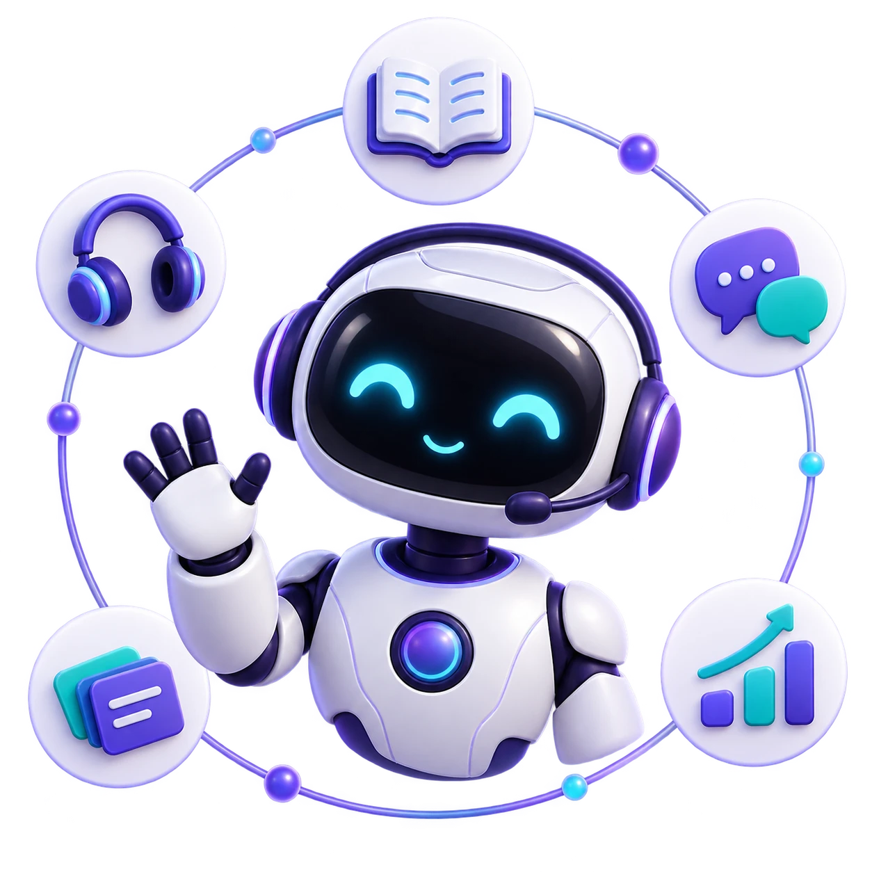 Dil öğrenme asistanını temsil eden üç boyutlu robot illüstrasyonu